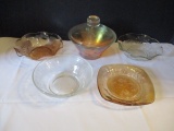 Vintage Glassware-Clear Depression Bowl, Ruffle Edge Clear Iris and Herringbone