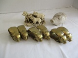 Brass Pig Napkin Rings, Marble Pig, Stone Look Figurine