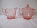 Cherry Blossom Pink Depression Glass Creamer and Sugar Bowl