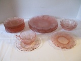 21 Pieces of Cherry Blossom Pink Depression Glass Dinnerware
