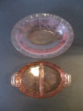 Cherry Blossom Pink Depression Glass Tab Handle Divided Dish and Oval Bowl
