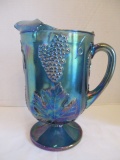 Footed Carnival Glass Pitcher with Grape Cluster Design