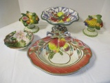 Fitz & Floyd Fruit Compote, Bow Bowl, Lily Bowl and Pair of Fruit Candle Holders