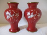 Pair of Burgundy Finish Brass Vases with Mother of Pearl Peacocks