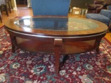 Mahogany Finish Oval Coffee Table with Beveled Glass Insert and Undershelf