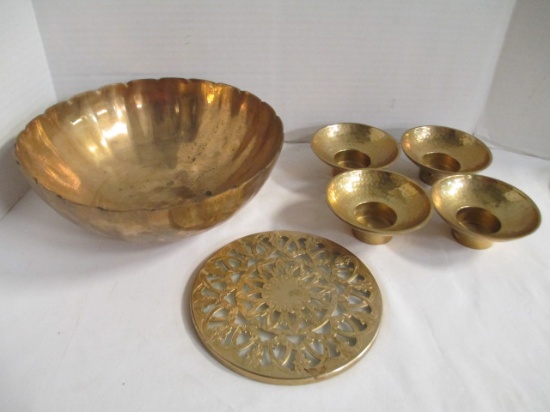 Scalloped Brass Bowl, Pierced Brass & Glass Trivet,