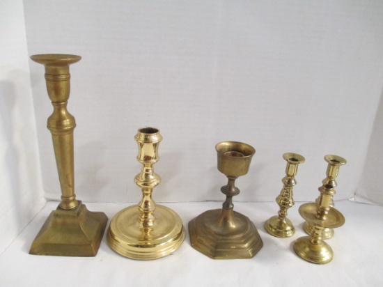 Three Brass Taper Holders And 3 Mini Candlesticks