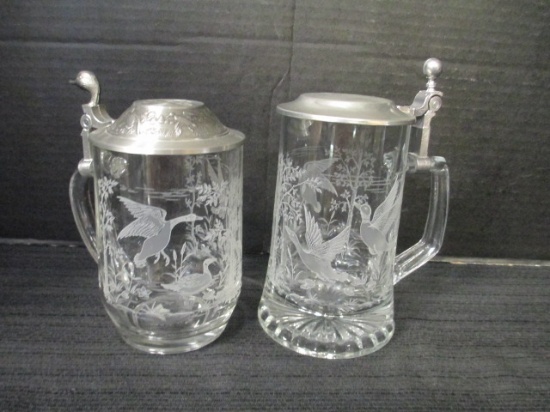 ALWE And French Etched Glass Duck Motif Steins