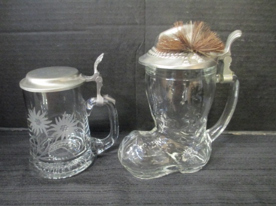 Clear Glass Boot With Gent's Hat Lid And Etched Floral Beer Steins