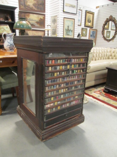 Antique Sewing Thread Display Case with Storage in Back