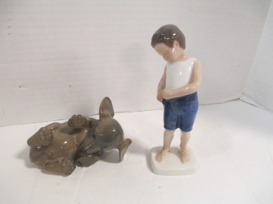 B&G Denmark Figurines - Boy Hooking Buttons and Playful Puppy
