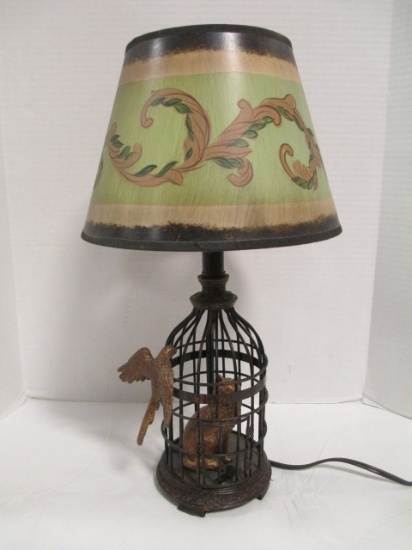 Cat in Birdcage Lamp with Painted Shade