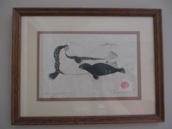 Pencil Signed Original Wood Block Print "Mother and Baby Seal" by Enook Manomie