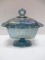 Blue Carnival Glass Pedestal Candy Dish With Lid
