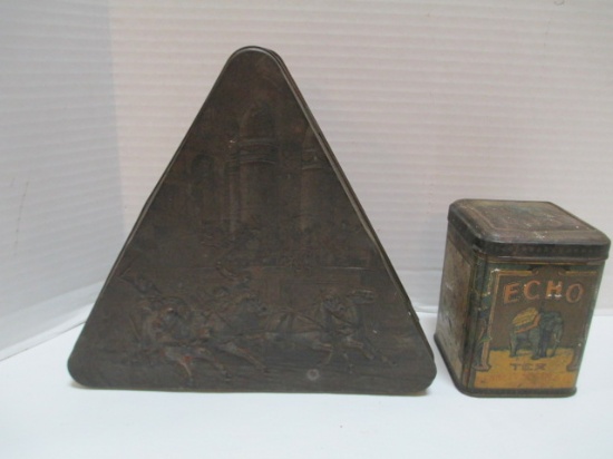 Vintage Triangular Tin With Roman Soldier Motif With Hinged Lid And