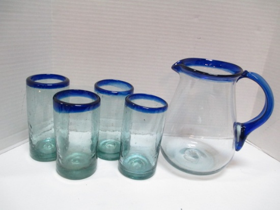 Blown Glass Pitcher And Set Of 4 With Cobalt Blue Rim