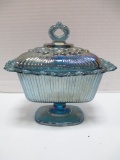Blue Carnival Glass Pedestal Candy Dish With Lid