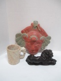 Terra Cotta Tribal Mask, Resin Lion, & Stone Mug With Elephant Handle