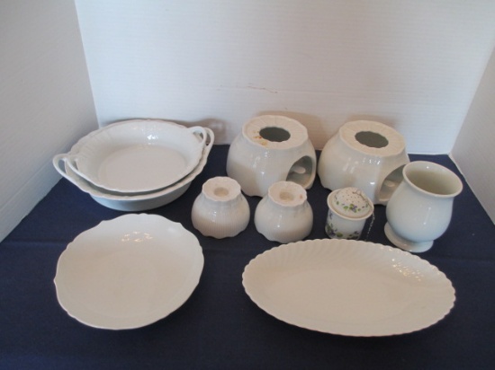 Various Kaiser China Dishes, Warmers, Candle Sticks and Tea Strainer
