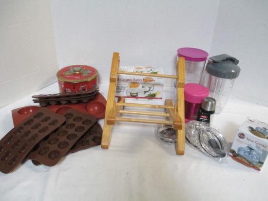 Silicone Candy Molds, Wood Cookbook Stand, Ceramic Butter Warmers, Spice Grinder, etc.