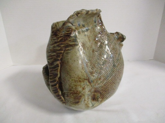 Signed Slab Pottery Vase with Etched Designs