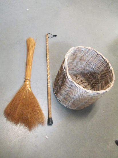 Woven Basket Receptacle/Planter, Straw Hearth Broom and Wood Walking Stick
