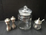 Brushed Stainless Peppermill and Salt Shaker, Etched Glass Condiment/Jam Jar with