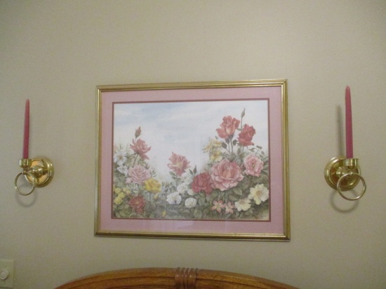 Signed and Numbered Floral Print by Haynes and Pair of Brass Candle Sconces