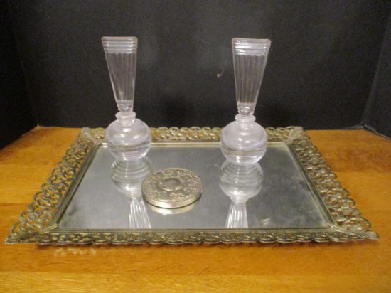 Mirrored Vanity Tray, Purse Mirror, and Two Perfume Bottles