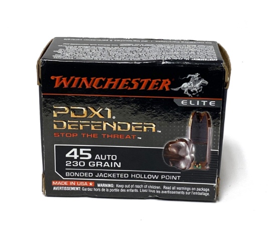 NIB 20rds. of .45 AUTO Winchester Elite PDX1 Defender 230gr. Bonded JHP Defense Ammunition