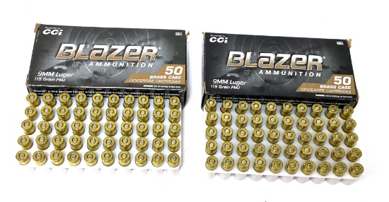 New 2 Boxes of 100rds. of 9MM LUGER CCI Blazer Brass 115gr. FMJ Brass Ammunition
