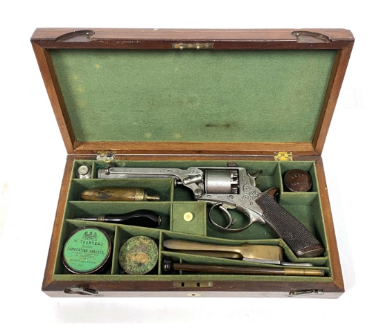 Scarce Cased Engraved W. Tranter Single Trigger "4th Model" .54 Bore Revolver with Accessories