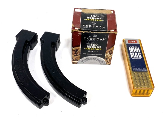 Aprox. 650rds. of .22 LR Ammunition & (2) 25 Round Ram-Line Ruger 10/22 Magazines