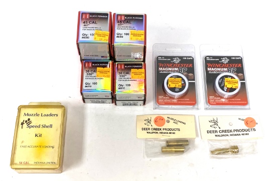 Lot of New Hornady Blackpowder Bullets, Winchester Magnum BP Percussion Caps, and accessories