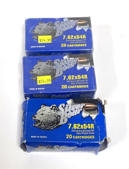 NIB 60rds. of 7.62x54r 203gr. Bimetal SP Zinc Plated Silver Bear Ammunition