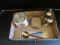 Five Sterling Rimmed Glass Coasters, Weighted Sterling Shakers and