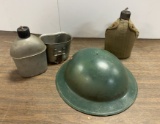 (2) Canteens and Metal Doughboy Helmet Shell
