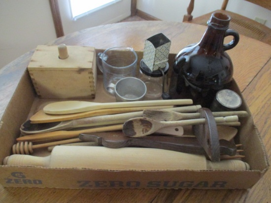 Wooden Rolling Pin, Butter Mold, Spoons, Brown Glass Jug,