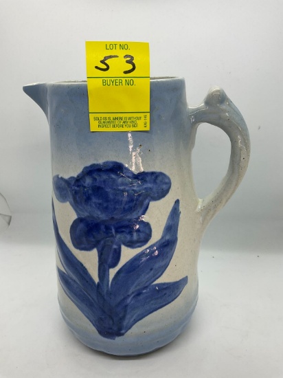 VINTAGE BLUE AND WHITE SALT GLAZE PITCHER WITH FLOWER