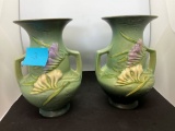 ROSEVILLE PAIR GREEN FREESIA VASES 122-8