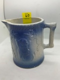 VINTAGE BLUE AND WHITE SALT GLAZED PITCHER - POCAHONTAS & CAPT SMITH