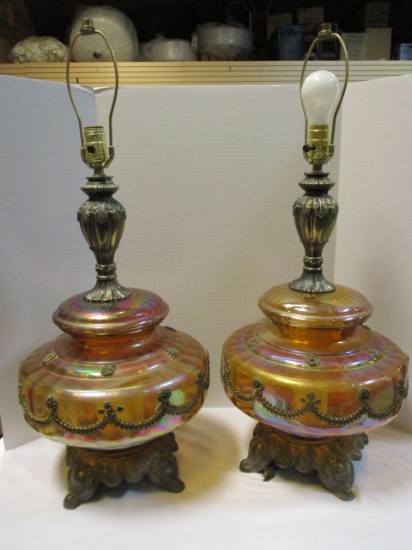 Pair of Mid Century Falkenstein Iridescent and Antique Brass Lamps