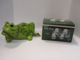 Hand Crafted Ceramic Lounging Frog and Set of Ceramic Frog Mugs in Original Box