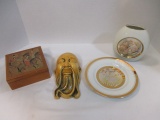 Chokin Style Plate and Vase, Asian Man Face Plaque and Asian Scene