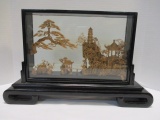 Vintage Carved Cork Asian Scene Black Lacquer Frame Diorama