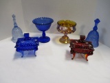 Amberina Candy Dish, Blue Glass Candy Dish and Compote, Two Blue