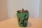 Vintage or Antique Biscuit Jar, Green with Painted Bird & Floral