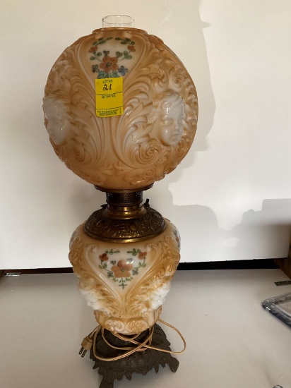 Vintage or Antique Converted Oil to Electric Hurricane Lamp Cherub Face design, 24" tall.