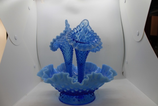 Fenton Blue Hobnail Opalescent Epergne