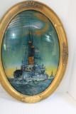 Antique Reverse Painted Battleship  AMERICA FIRST Convex Glass